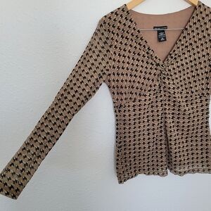 New York & Company | Y2k Houndstooth Tan Black V-Neck Rouched Twist Blouse 00s